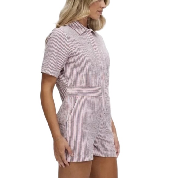 Brixton Red White Blue Pinstriped Seersucker Shortsleeved Zip Up Romper XS - Picture 2 of 8